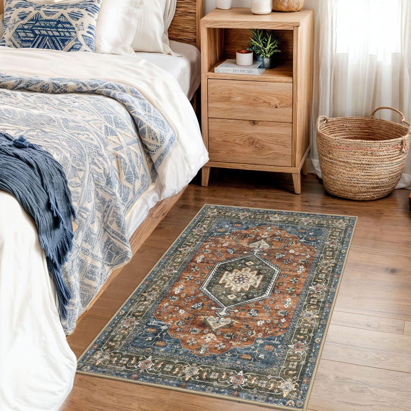 KUTA Vintage Entryway Rugs Indoor Brick Red Washable Rug 2x3 Non-Slip Soft Printed Floral Medallion Doormat Small Accent Farmhouse Kitchen Throw Carpet for Entrance and Bedroom - Image 3