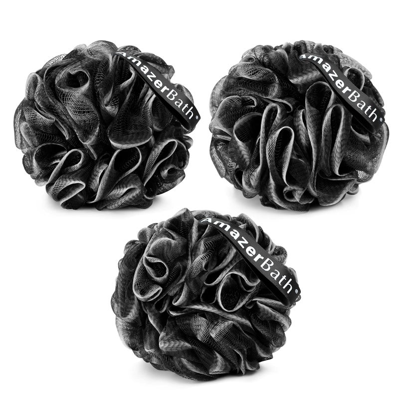 AmazerBath Loofah Sponge, Shower Loofah for Men and Women - Body Scrubber Loofa Set of 3 Classic Black & White Edge, Bath Sponge 60g/PCS - Image 1