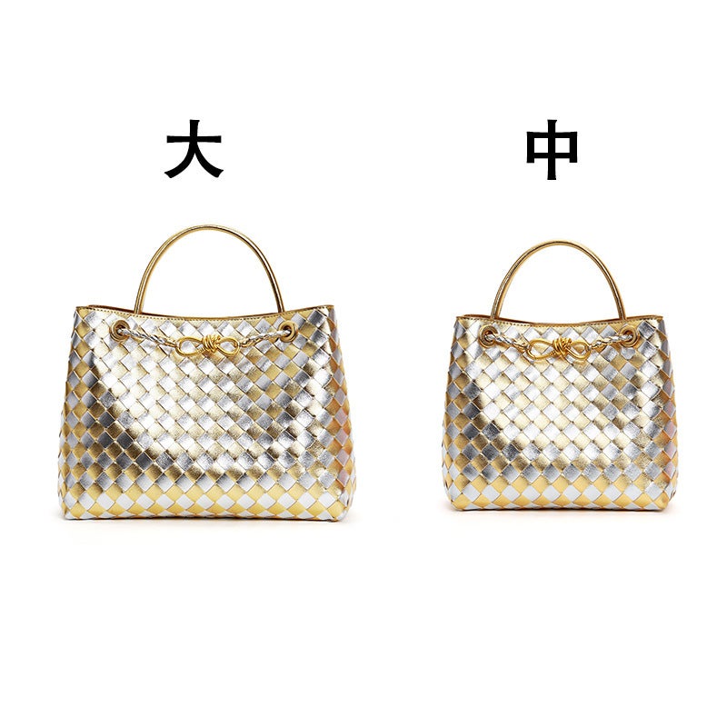 Woven Bag With Gold Hardware Rope Buckle Tote Bag Trendy Color-Blocking Large Capacity Single Shoulder Crossbody Bag For Women - Image 1