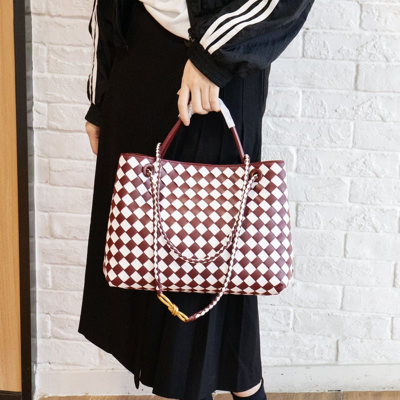 Woven Bag With Gold Hardware Rope Buckle Tote Bag Trendy Color-Blocking Large Capacity Single Shoulder Crossbody Bag For Women - Image 3