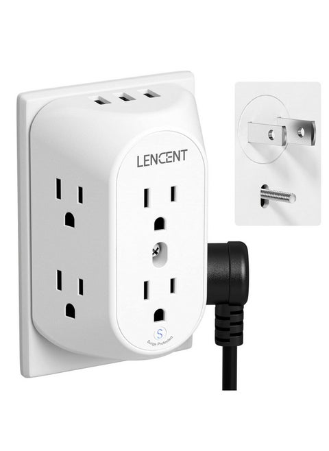 LENCENT 2 Prong Power Strip, 2 Prong to 3 Prong Grounding Outlet Adapter, Polarized Plug, 1728J Surge Protector, 3-Sided 6 Outlet 3 USB, Widely Spaced Extender, Wall Mountable for Non-Grounded Outlets