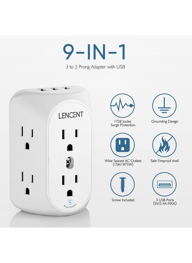 Lencent LENCENT 2 Prong Power Strip, 2 Prong to 3 Prong Grounding Outlet Adapter, Polarized Plug, 1728J Surge Protector, 3-Sided 6 Outlet 3 USB, Widely Spaced Extender, Wall Mountable for Non-Grounded Outlets  - Image 2