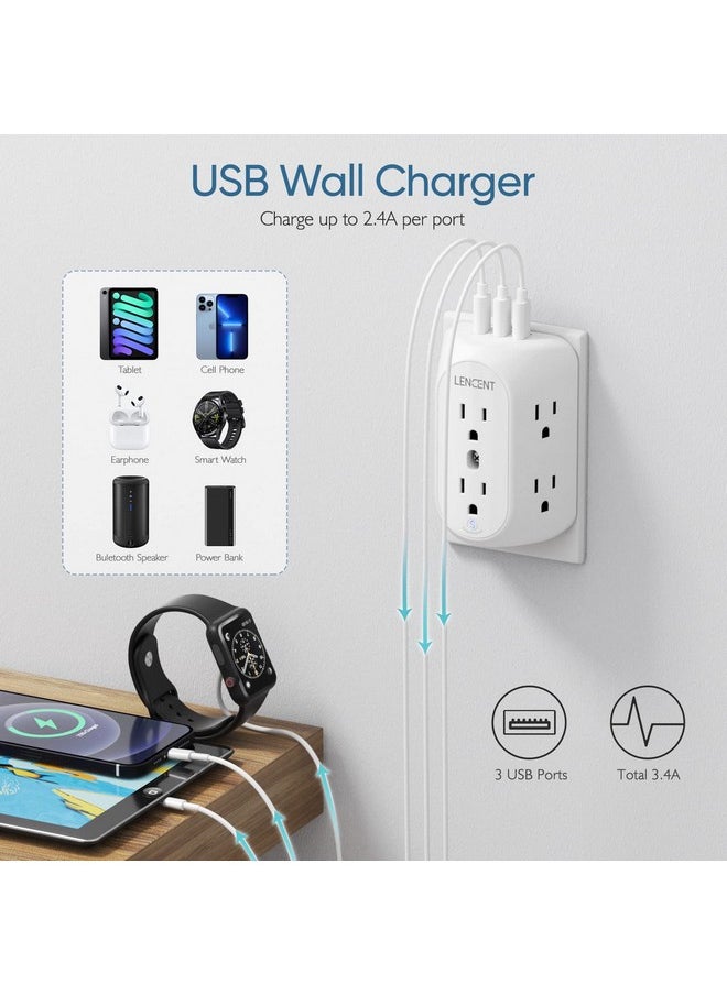 Lencent LENCENT 2 Prong Power Strip, 2 Prong to 3 Prong Grounding Outlet Adapter, Polarized Plug, 1728J Surge Protector, 3-Sided 6 Outlet 3 USB, Widely Spaced Extender, Wall Mountable for Non-Grounded Outlets  - Image 3