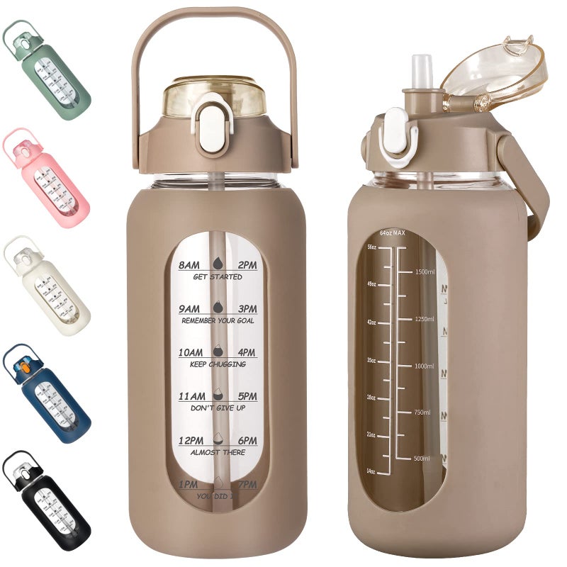 kytffu 64oz Glass Water Bottles with Straw, Half Gallon Motivational Glass Bottle with Silicone Sleeve and Time Marker, 2L Leakproof Large Glass Water Jug for Gym Home Office,Amber - Image 1