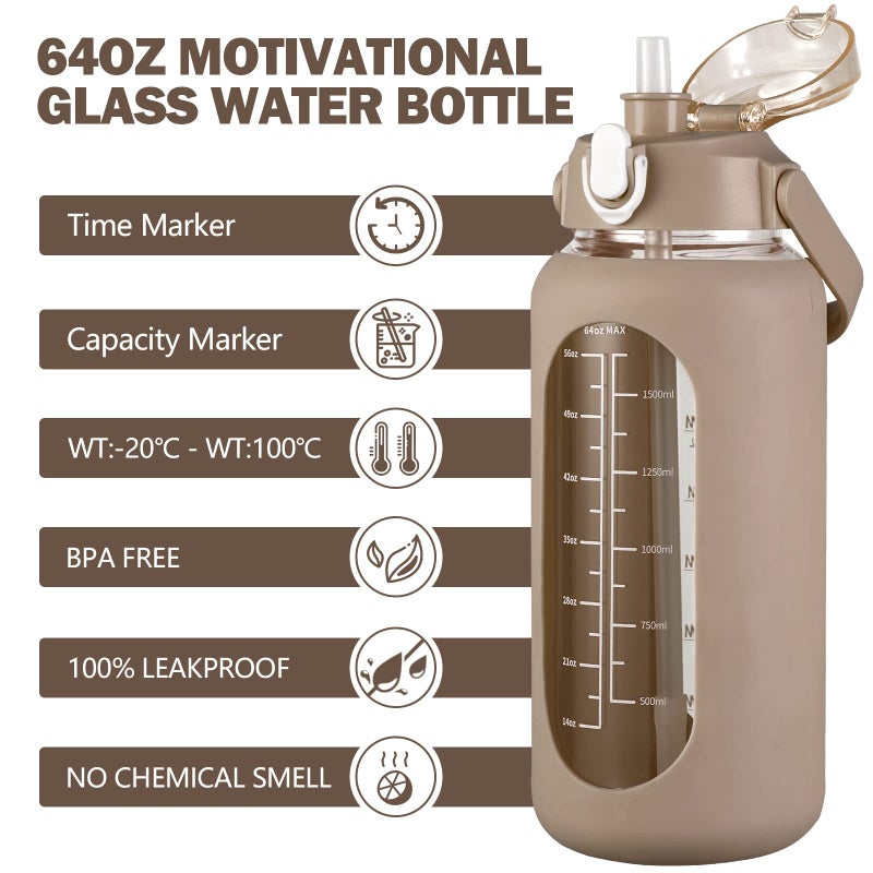 kytffu 64oz Glass Water Bottles with Straw, Half Gallon Motivational Glass Bottle with Silicone Sleeve and Time Marker, 2L Leakproof Large Glass Water Jug for Gym Home Office,Amber - Image 2
