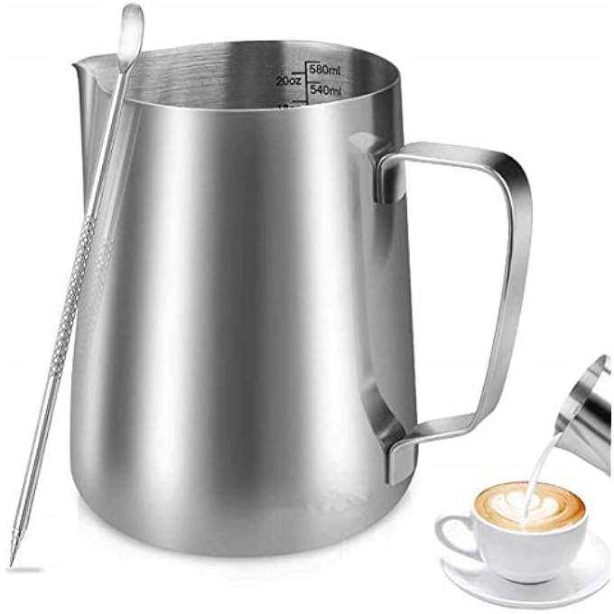 SCIENISH Espresso Steaming PitcherCoffee Milk Frothing CupCoffee Steaming Pitcher With A Barista Pen For Cappuccino And Latte Shiny Silver 600 Ml - Image 1
