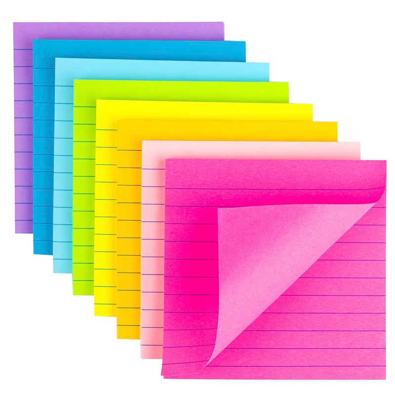 Kozerite (8 Pack) Lined Sticky Notes 4x4 Bright Stickies Colorful Super Sticking Power Memo Pads, 8 Colors, Strong Adhesive - Image 1