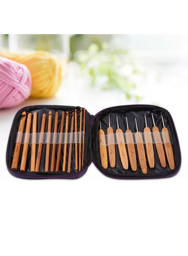 Walfront Bamboo Handle Crochet Hooks Knit Weave Yarn Craft Knitting Needle 20 Pcs Bamboo Crochet Hooks Kit With Purple Case - Image 2