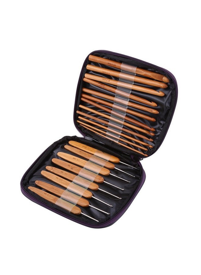 Walfront Bamboo Handle Crochet Hooks Knit Weave Yarn Craft Knitting Needle 20 Pcs Bamboo Crochet Hooks Kit With Purple Case - Image 1