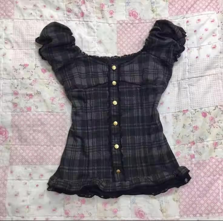 RICHTRUE Grunge Emo Goth Shirt Y2k Lace Bow Coquette Babydoll Tops Women Vintage Graphic Tees 2000s Summer Crop Tops (Black Doll,Medium) - Image 5