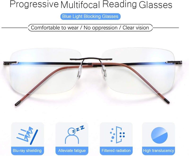 MIRYEA Rimless Progressive Multifocus Reading Glasses Blue Light Blocking No Line Multifocal Computer Readers for Women Men Unisex Rectangular Eyewear Titanium Lightweight Magnification Presbyopia Eyeglasses - Image 3