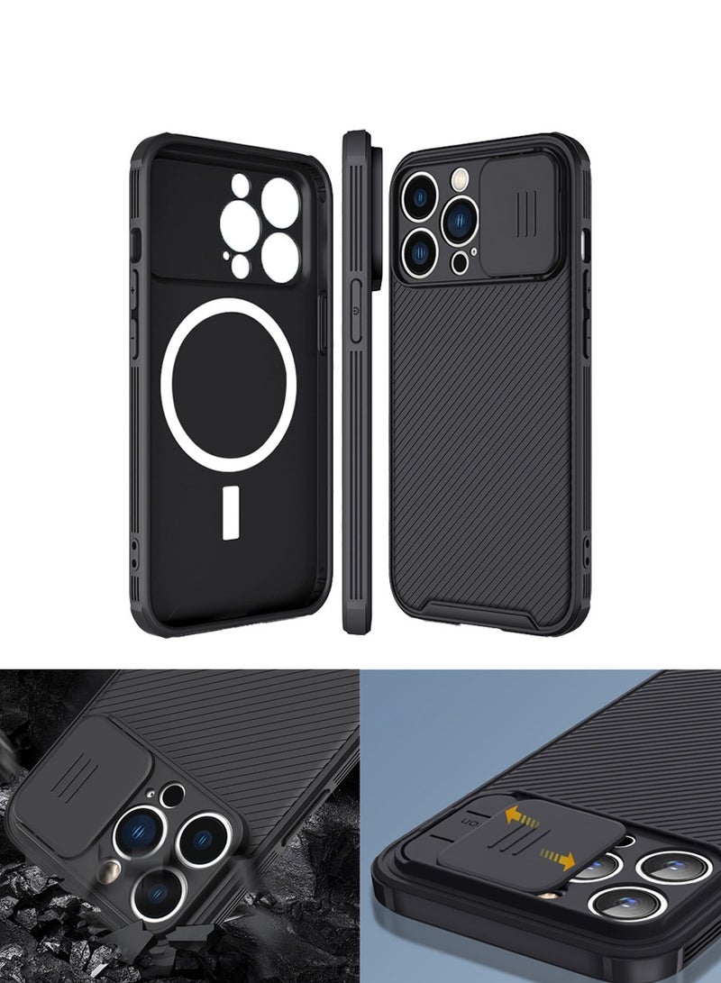 غطاء آيفون 15 برو ماكس مع منزلق عدسة، حماية العدسة، متوافق مع MagSafe، حماية من السقوط، غطاء كامل الجانب، غطاء آيفون 15 برو ماكس أسود - Image 1