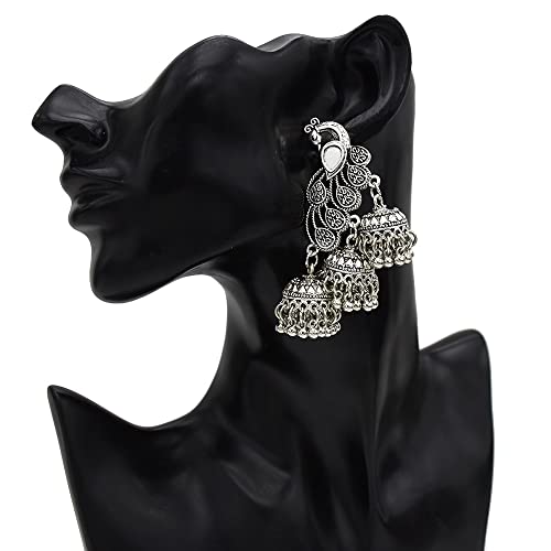 OIDIMS Jhumka Tassel Drop Earrings Indian Ethnic Vintage Earring Peacock Statement Oxidized Antique Traditional Jhumki Earring for Women Party Festival Boho Bohemian Bollywood Jewelry Gift (Silver) - Image 4