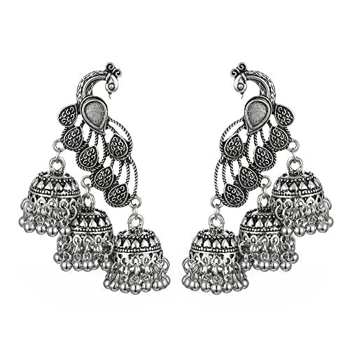 OIDIMS Jhumka Tassel Drop Earrings Indian Ethnic Vintage Earring Peacock Statement Oxidized Antique Traditional Jhumki Earring for Women Party Festival Boho Bohemian Bollywood Jewelry Gift (Silver) - Image 1