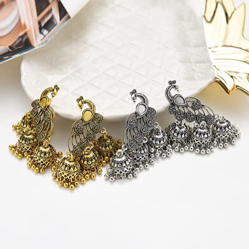OIDIMS Jhumka Tassel Drop Earrings Indian Ethnic Vintage Earring Peacock Statement Oxidized Antique Traditional Jhumki Earring for Women Party Festival Boho Bohemian Bollywood Jewelry Gift (Silver) - Image 5