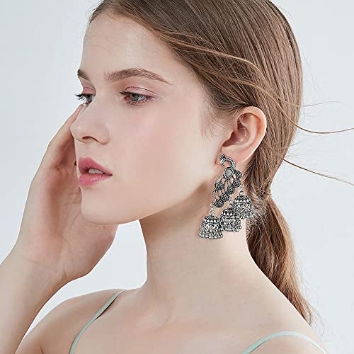 OIDIMS Jhumka Tassel Drop Earrings Indian Ethnic Vintage Earring Peacock Statement Oxidized Antique Traditional Jhumki Earring for Women Party Festival Boho Bohemian Bollywood Jewelry Gift (Silver) - Image 2