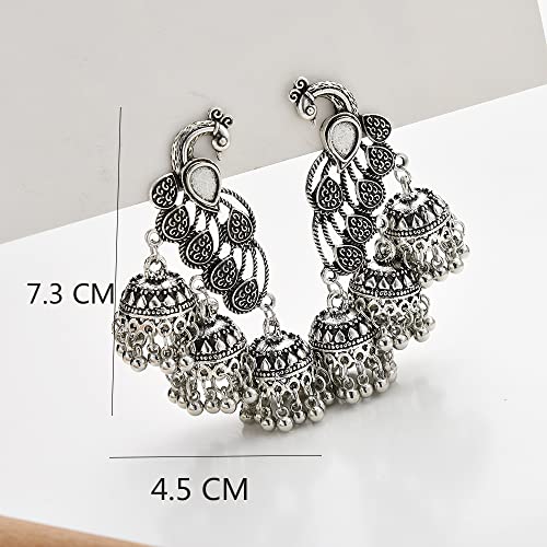 OIDIMS Jhumka Tassel Drop Earrings Indian Ethnic Vintage Earring Peacock Statement Oxidized Antique Traditional Jhumki Earring for Women Party Festival Boho Bohemian Bollywood Jewelry Gift (Silver) - Image 3