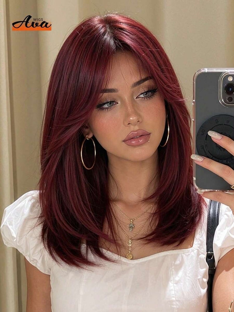 16 Inch Brown Root Honey Blonde Ombre Medium Long Straight Synthetic Wig for Women, Lightweight Soft Fiber, Face-Framing Curtain Bangs, Adjustable Cap, Daily Wear &  Cosplay