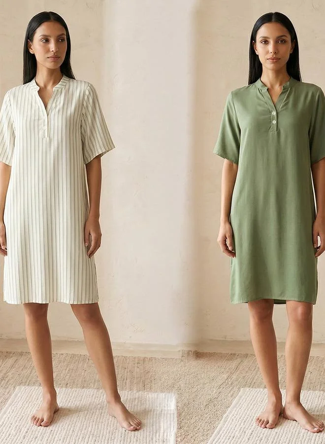سبلاش فيڤ Set of 2 - Intimates Knee Length Night Dress Short Sleeves Mandarin Collar Viscose