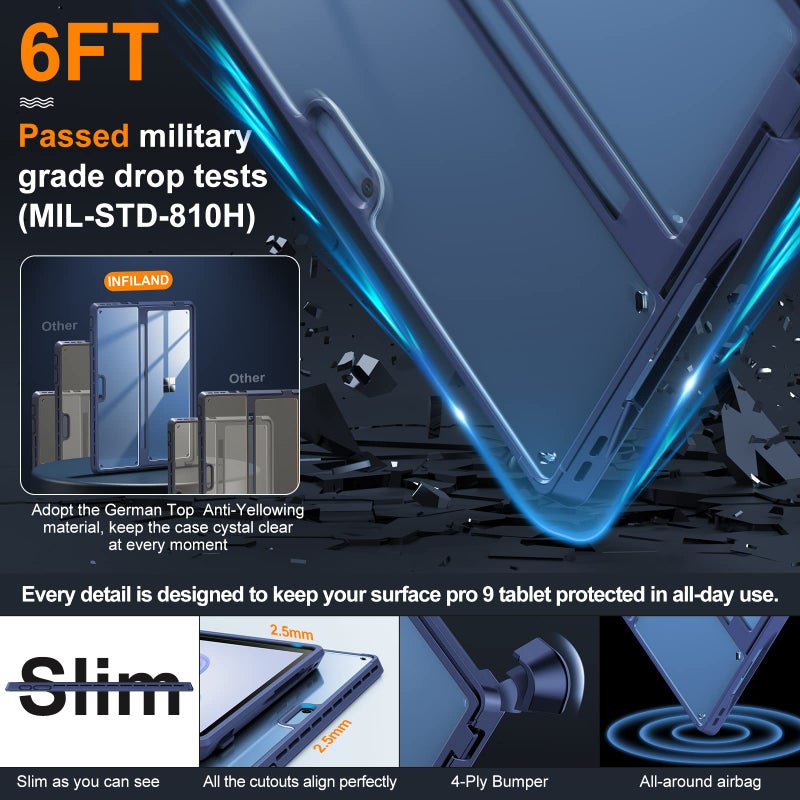 INFILAND Case, Crystal Clear Multi-Angle Shockproof for Microsoft Surface Pro 9/10, Compatible with Surface Pro Signature Keyboard & Slim Pen 2, Blue - Image 3