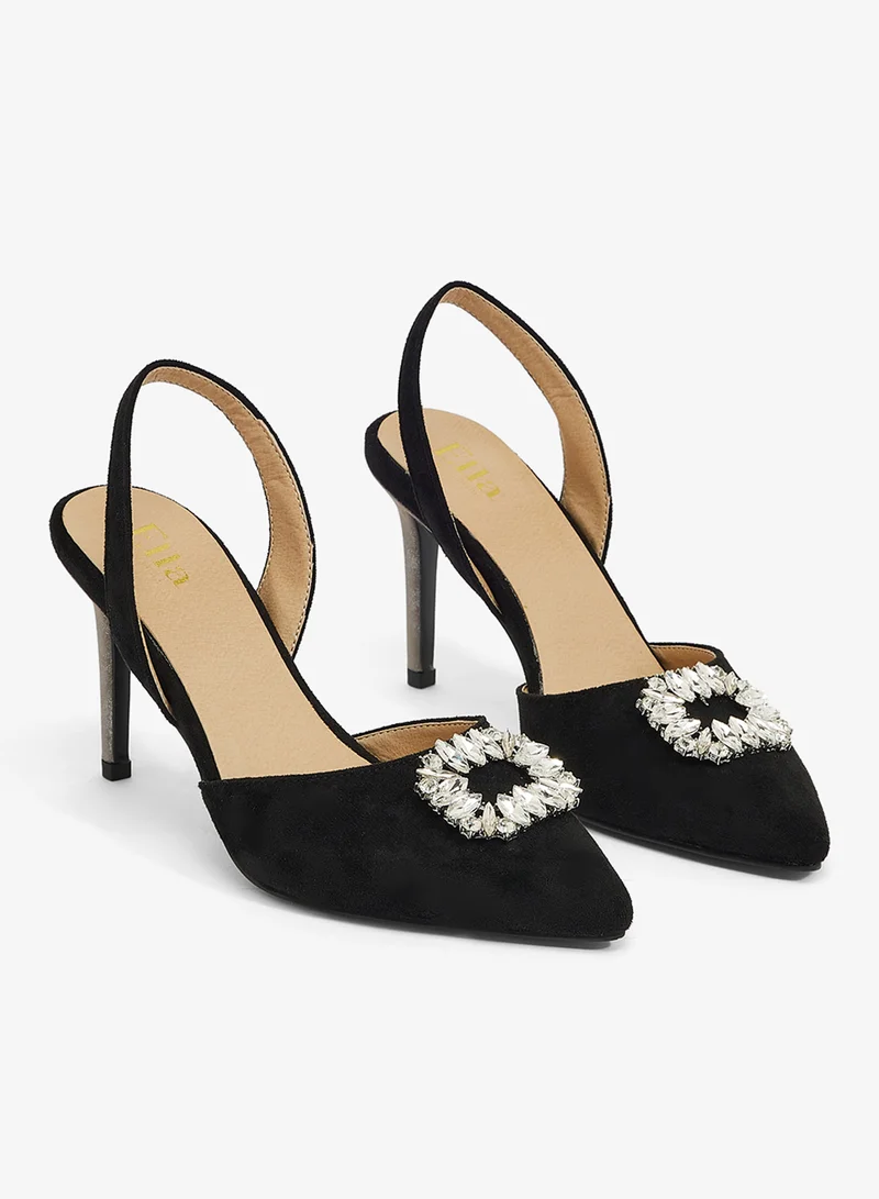 Ella Limited Edition Black slingback, crystal brooch, suede heel for Women | Best Price UAE