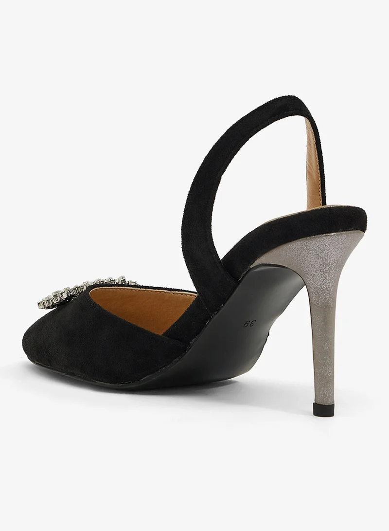 Ella Limited Edition Black slingback, crystal brooch, suede heel for Women | Best Price UAE