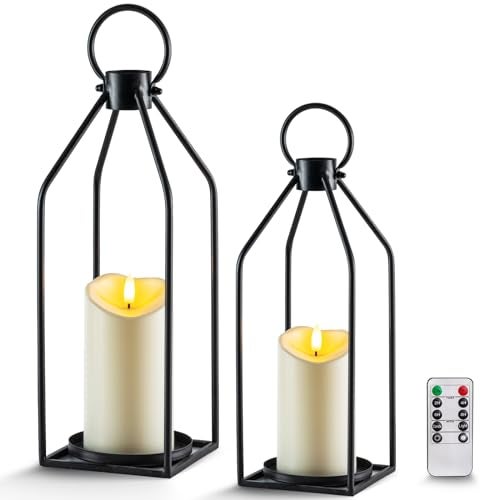 Homemory Modern Farmhouse Lantern Decor with Waterproof Flameless Candle Remote Timer 2PCS Black Metal Candle Lantern Decorative for Outdoor Indoor Home Living Room Patio Porch Table - Image 1
