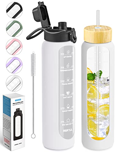 Nefeeko 32 oz Glass Water Bottles with Straw, Motivational Glass Water Bottle with Time Marker, 1 Liter BPA FREE Leakproof Reusable Glass Water Bottle with Silicone Sleeve, Bamboo Lid, Spout Lid - Image 1