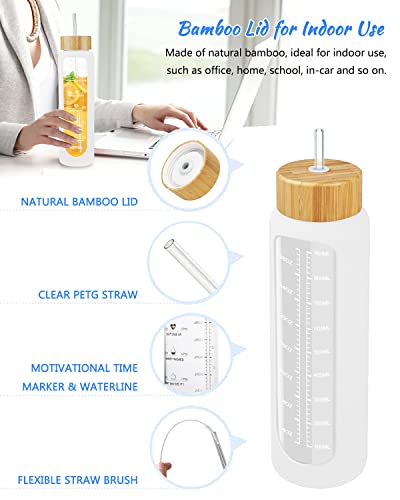 Nefeeko 32 oz Glass Water Bottles with Straw, Motivational Glass Water Bottle with Time Marker, 1 Liter BPA FREE Leakproof Reusable Glass Water Bottle with Silicone Sleeve, Bamboo Lid, Spout Lid - Image 5