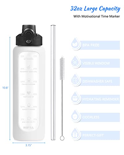 Nefeeko 32 oz Glass Water Bottles with Straw, Motivational Glass Water Bottle with Time Marker, 1 Liter BPA FREE Leakproof Reusable Glass Water Bottle with Silicone Sleeve, Bamboo Lid, Spout Lid - Image 2