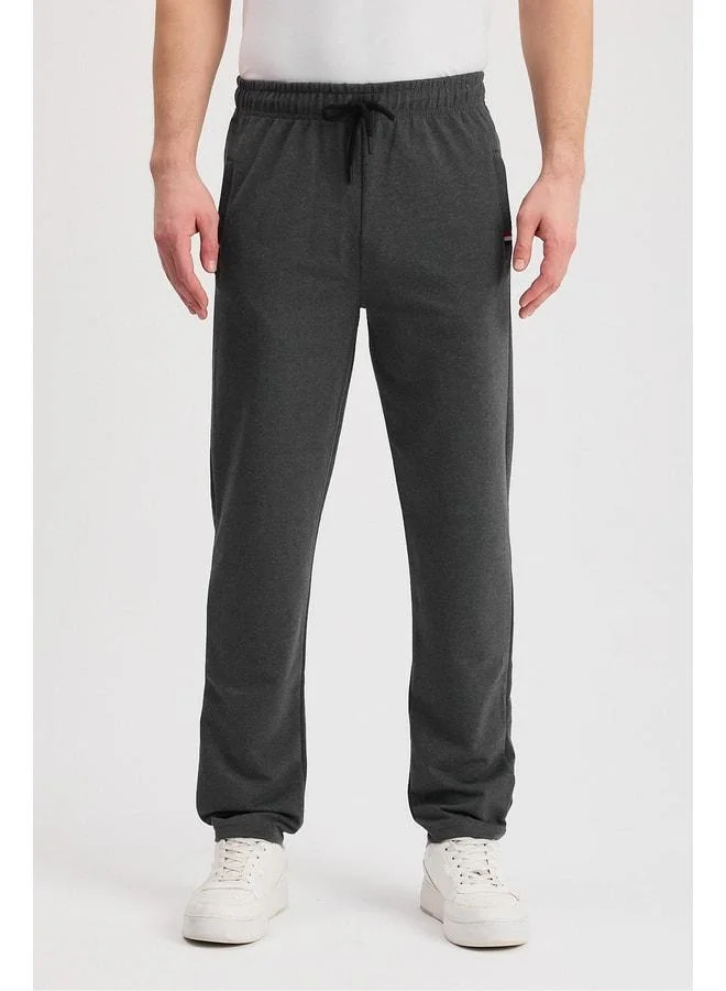 Charcoal Men's Zippered Pocket Embroidered Detail Straight Leg Relaxed Fit Daily Sweatpants.