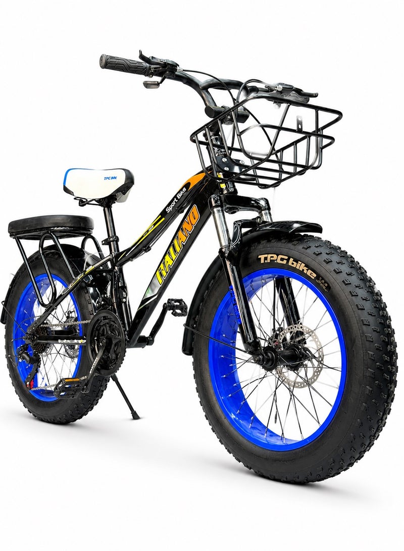 Italiano 20-Inch Kids Fat Bike – 21-Speed Shimano – Disc Brakes – Front Suspension – Front Basket & Rear Padded Seat - Image 1