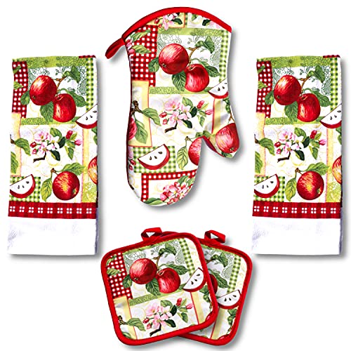 Lobyn Value Packs - 5 Piece Country Kitchen Towel Set: Features Red Apples on a Patchwork Quilt, 2 Decorative Dish Towels, 1 Oven Mitt, and 2 Quilted Potholders - Image 1
