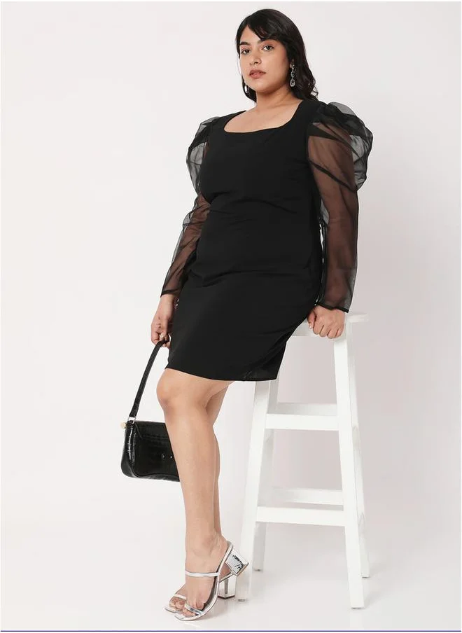 ميش Plus Size Square Neck Knee Length Dress with Sheer Sleeves