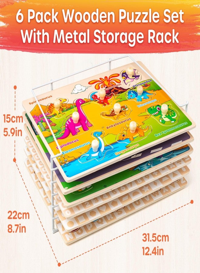 SYNARRY Wooden Puzzles for Toddlers 1-3, 6XSET Puzzles for Toddlers 2-4 with Rack, Learning Alphabet Number Shape Animal Dinosaur Vehicle, Toddler Easter Basket Stuffers Gifts Toys for Boys Girls - Image 5