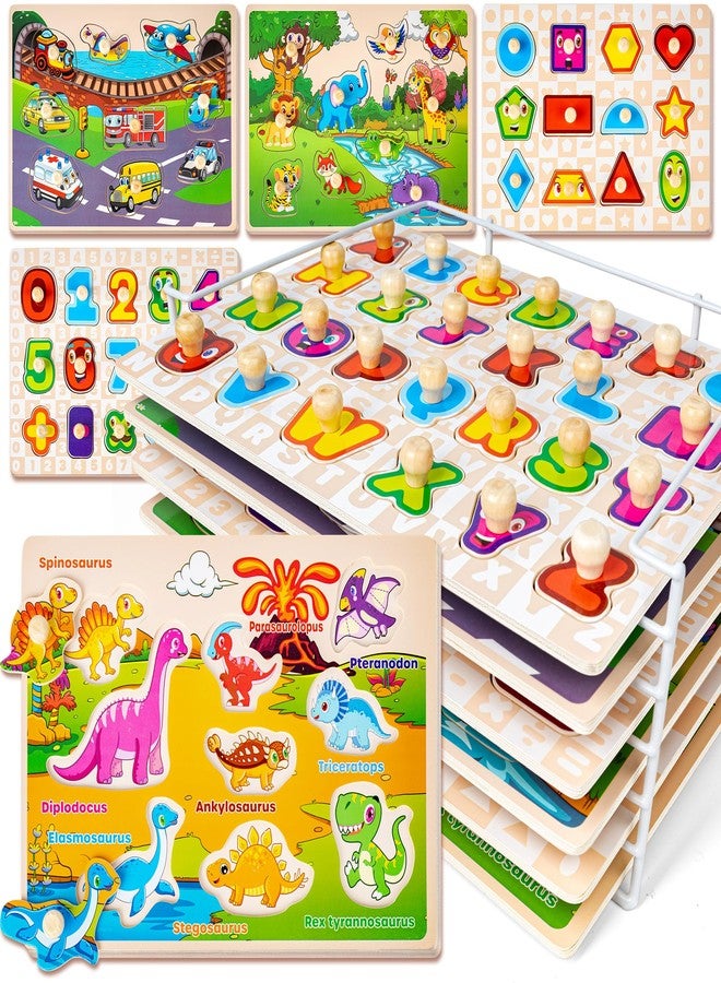 SYNARRY Wooden Puzzles for Toddlers 1-3, 6XSET Puzzles for Toddlers 2-4 with Rack, Learning Alphabet Number Shape Animal Dinosaur Vehicle, Toddler Easter Basket Stuffers Gifts Toys for Boys Girls - Image 1