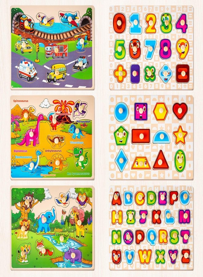 SYNARRY Wooden Puzzles for Toddlers 1-3, 6XSET Puzzles for Toddlers 2-4 with Rack, Learning Alphabet Number Shape Animal Dinosaur Vehicle, Toddler Easter Basket Stuffers Gifts Toys for Boys Girls - Image 2