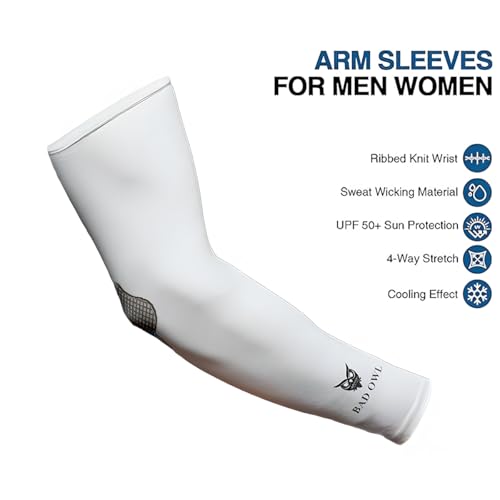 BADOWL Velocity Arm Sleeves for Men & Women | UV Protection UPF 50+ | Seamless Fit | Sports Compression Sleeves for Running Cycling Outdoor Activities (White) - Image 2