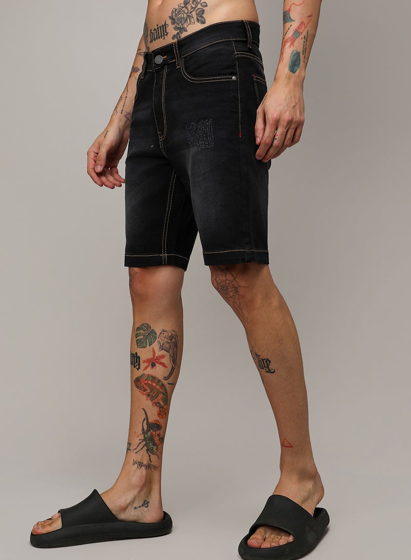 Campus Sutra Men's Black Solid Denim Shorts  - Image 3
