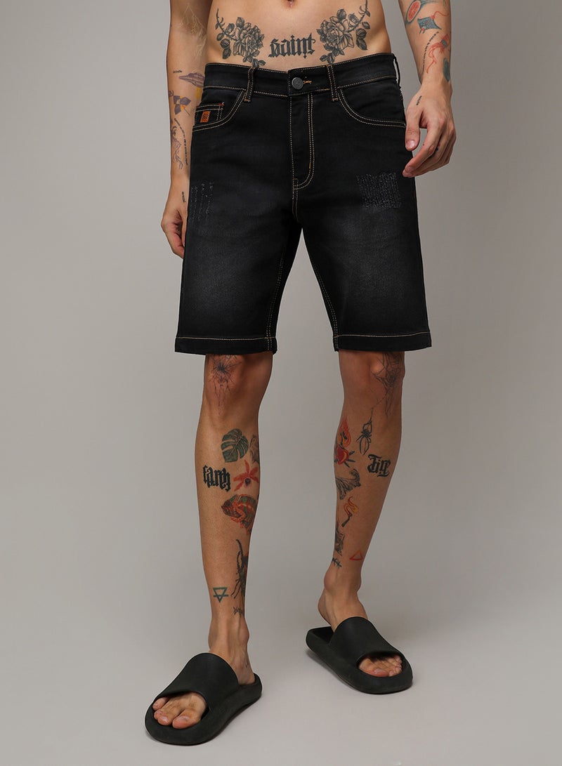 Campus Sutra Men's Black Solid Denim Shorts  - Image 2