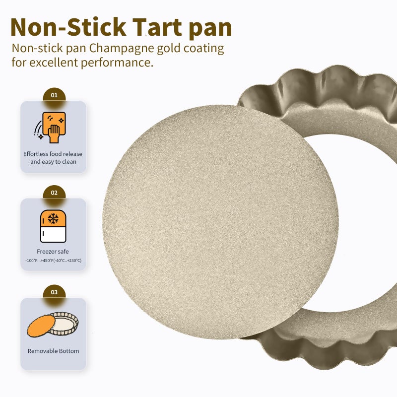 RICHSC-PAN Mini Tart Pan 12PCS, 4 Inch Tart Pan Removable Bottom Non-Stick Tin, 0.9 Inches High Suitable for DIY Making Small Tarts at Home. Champagne Gold Appearance. - Image 3
