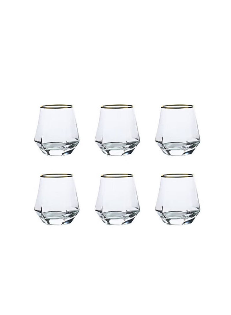 6-Piece Hexagon Design Short Glass Water Cup Set Clear/Gold 9.2x9.3x6.6cm  - Image 2