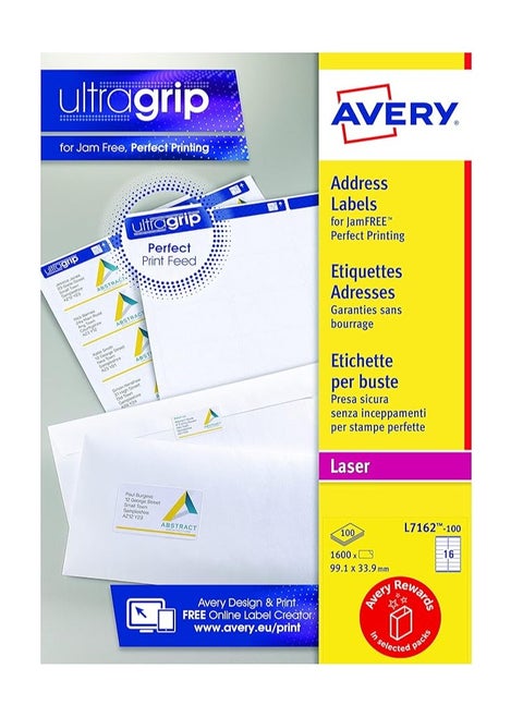 Avery Self Adhesive Address Mailing Labels, Laser Printers, 16 Labels Per A4 Sheet, 1600 Labels, Ultragrip (L7162), White, L7162-100, 054470, 100 Sheets