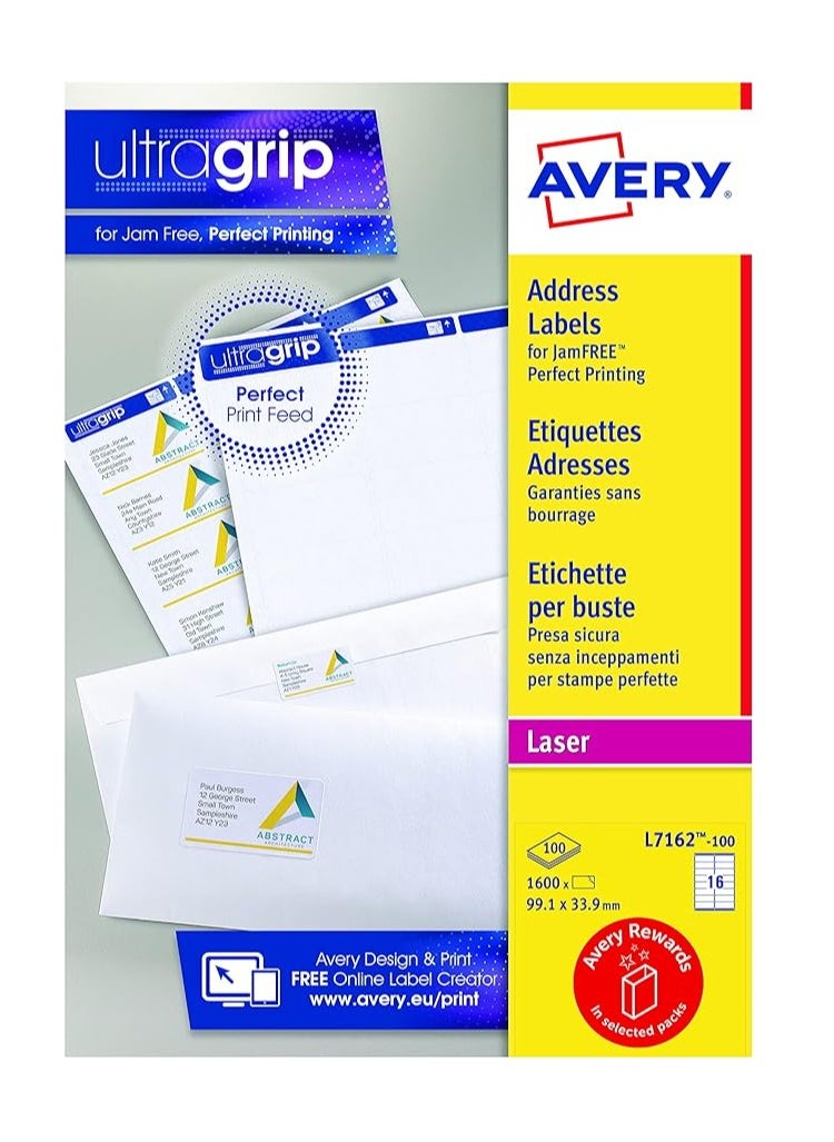 AVERY - Avery Self Adhesive Address Mailing Labels, Laser Printers, 16 Labels Per A4 Sheet, 1600 Labels, Ultragrip (L7162), White, L7162-100, 054470, 100 Sheets - Image 1