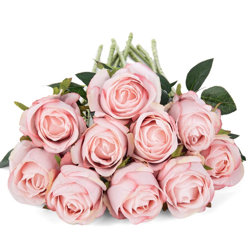 Flojery 10pcs Artificial Rose Flowers Long Stem Fake Silk Roses for DIY Wedding Bouquet Table Centerpiece Home Decor (Light Pink) - Image 3