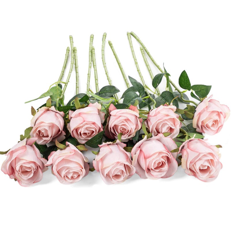 Flojery 10pcs Artificial Rose Flowers Long Stem Fake Silk Roses for DIY Wedding Bouquet Table Centerpiece Home Decor (Light Pink) - Image 2