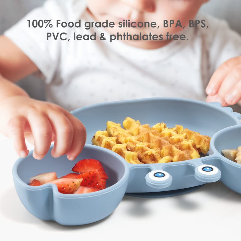 ROCCED Suction Plates for Baby, Silicone Plates with Suction Divided, Baby Spoon Fork Set for Toddler Baby Dishes Kids Utensils-Crab Dusty Blue - Image 3