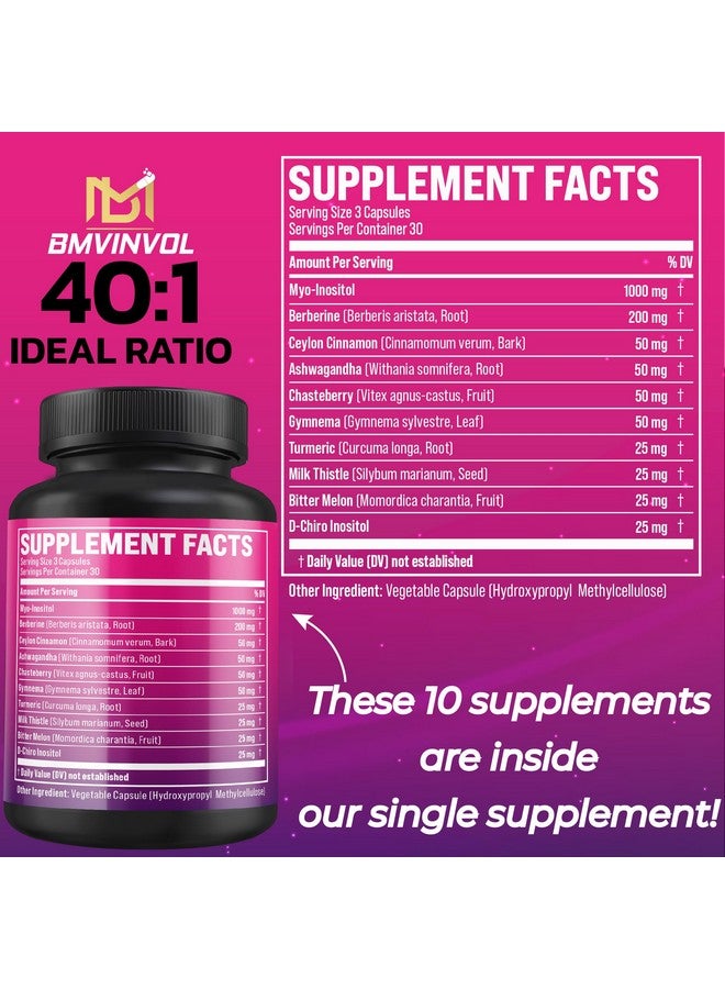 BMVINVOL BMVINVOL Inositol Supplement - Myo-Inositol and D-Chiro Inositol Ideal 40:1 Ratio - Plus Berberine, Cinnamon, Ashwagandha + 5 More - 90 Capsules - Image 2