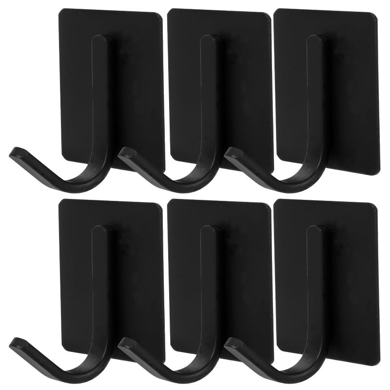 6Pcs Black Carbon Steel Wall Hooks Heavy Duty Adhesive No Drill Storage Solution - Image 2
