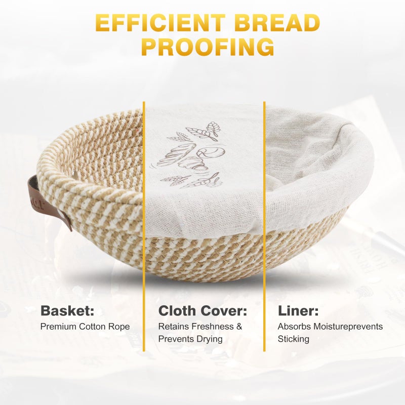 Nikkar Banneton Bread Proofing Basket Set of 2, 9 10 11 inches Round & Oval Cotton Rope Sourdough Bread Baking Supplies Proofing Bowls with Liners & Covers Gifts for Bakers Women Wife Mom - Image 4